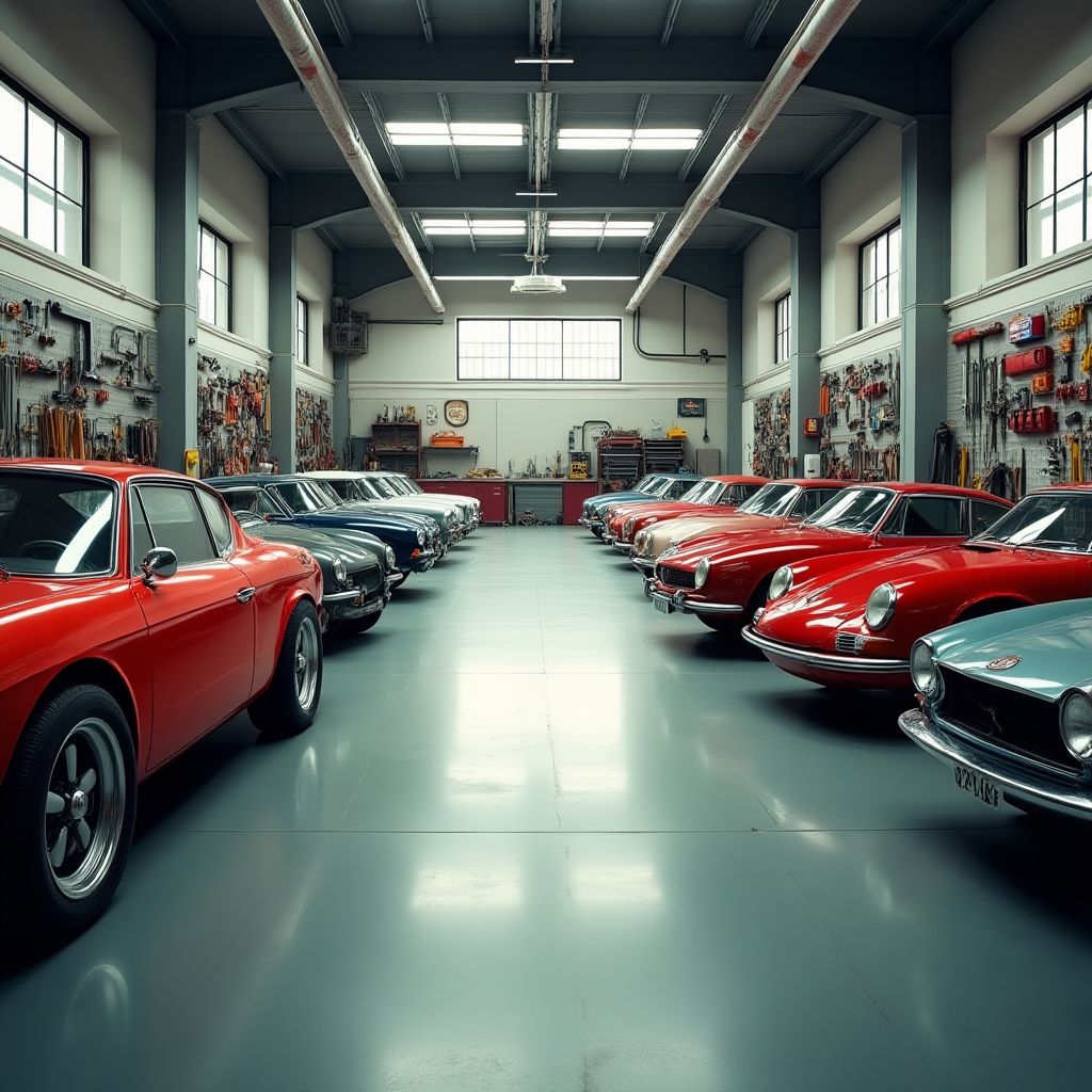 Intérieur d'un garage bien éclairé avec des voitures classiques en cours de restauration