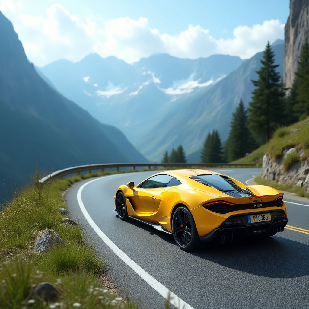 Voiture de sport jaune dans les Alpes