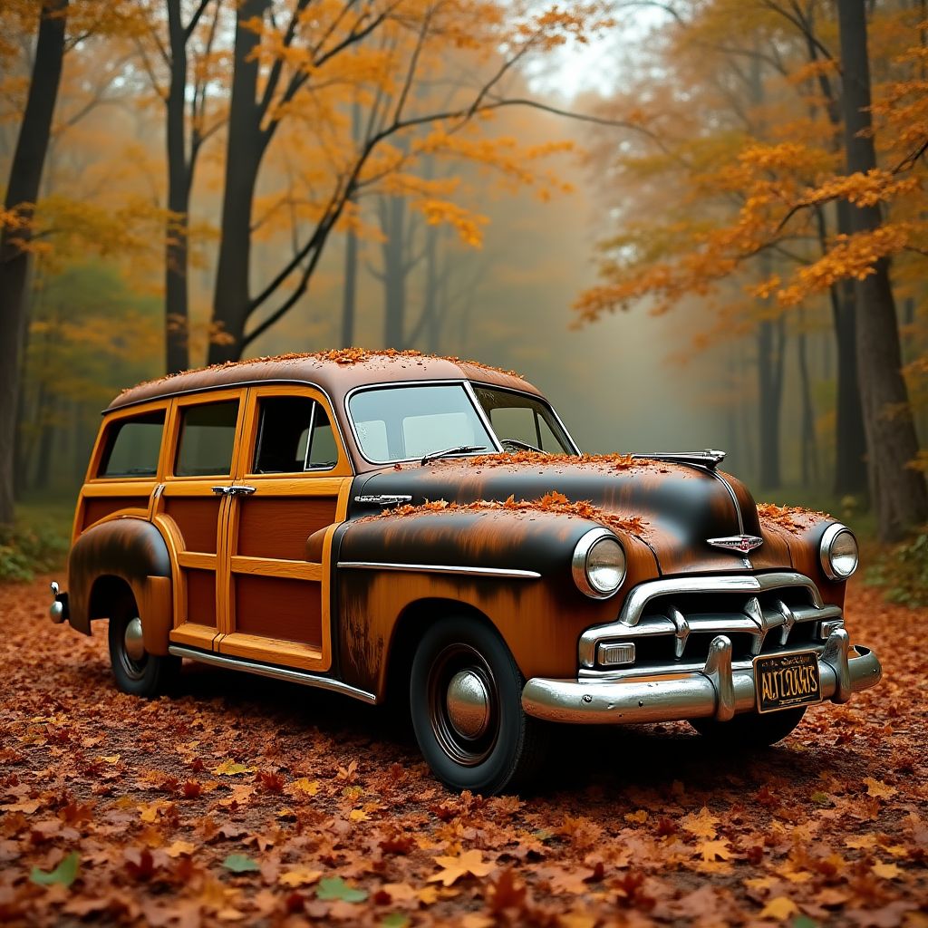 Voiture ancienne dans une forêt automnale