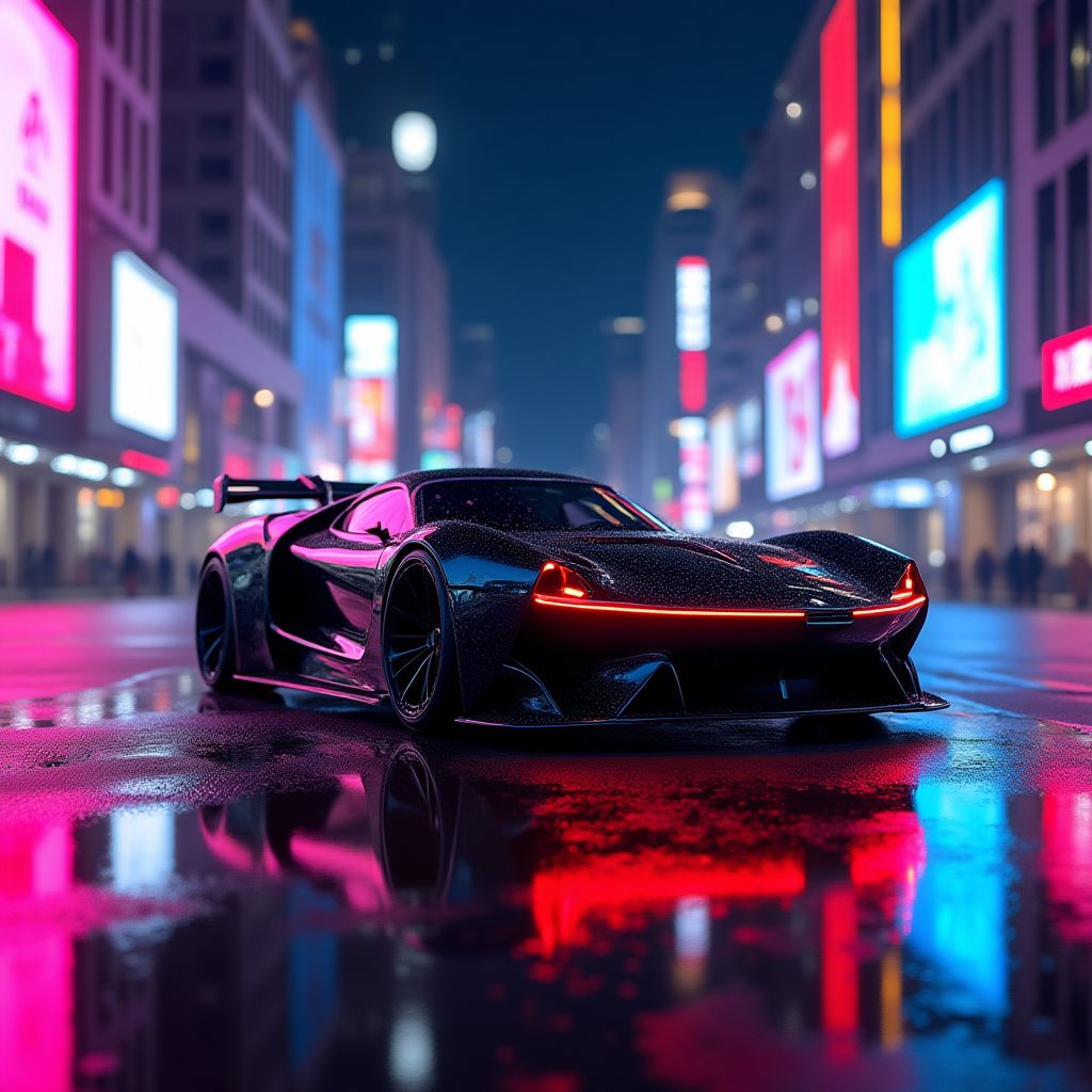 Voiture de sport sous les néons de la ville
